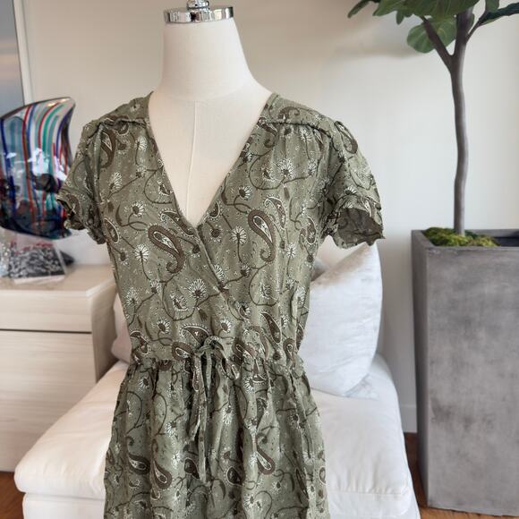 Christy Dawn Olive Green Paisley Midi Dress V-Neck Drawstring Waist Size M - Picture 2 of 6